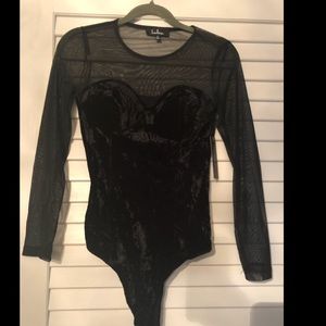Lulus Medium: Long-sleeve Mesh Velvet Bodysuit